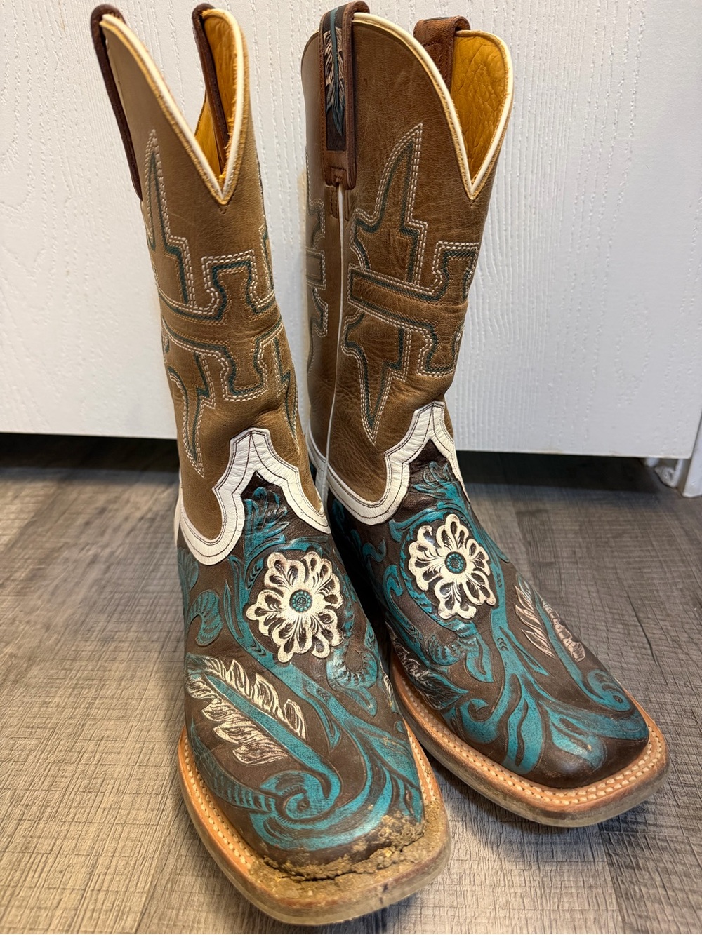 Tin Haul Brown and Turquoise Floral Western Heeled Boots